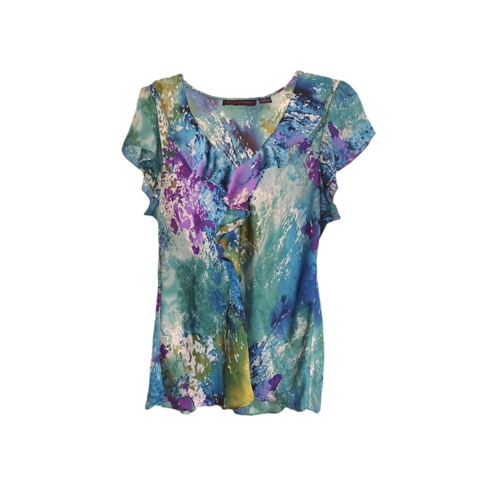 Hayley Matthews Blue Pattern Ruffle Front Short Sleeve Blouse Size XL Officecore